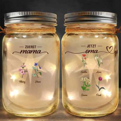 Erst Mama, jetzt Oma – personalisierte Familienblume, Solar-Einmachglas-Licht, individualisierbares Muttertags- oder Geburtstagsgeschenk für Mama und Oma, Glasflaschen-Nachtlampe | Kettenmachen