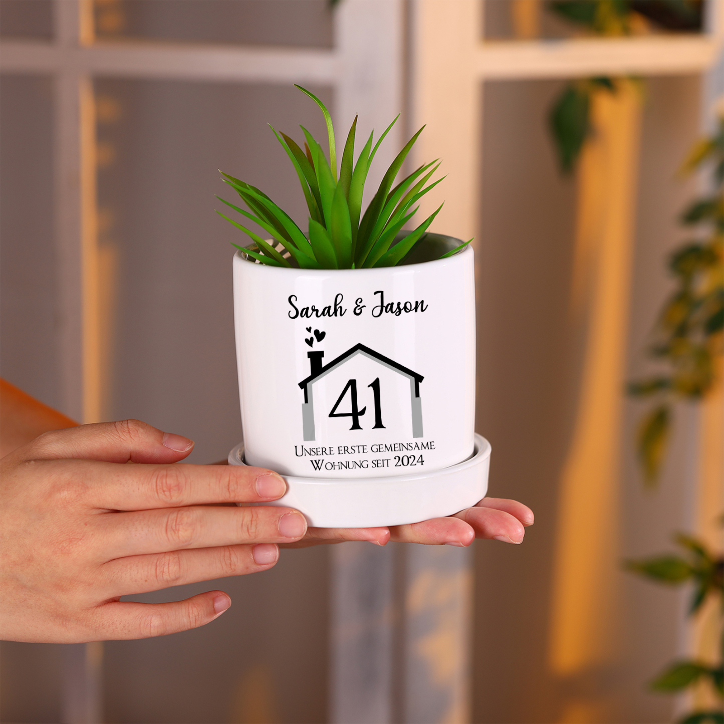 Personalisierbare Nummer & 2 Texte Liebespaar Blumentopf Einweihungsgeschenk Geschenk für ein neues Zuhause