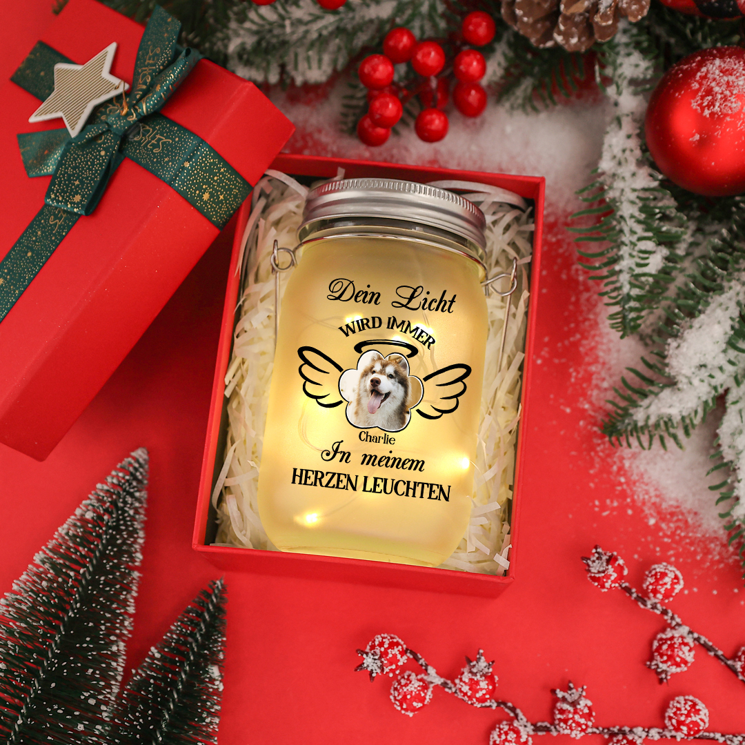 Personalisierter 1 Name & Foto Glasflaschen mit Flügel – Dein Licht wird immer in meinem Herzen leuchten – zum Andenken Haustier