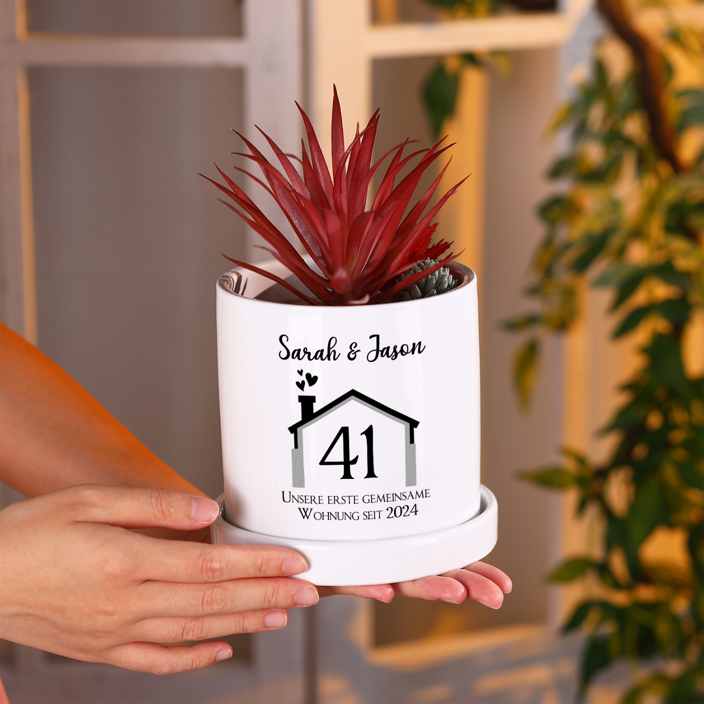 Personalisierbare Nummer & 2 Texte Liebespaar Blumentopf Einweihungsgeschenk Geschenk für ein neues Zuhause