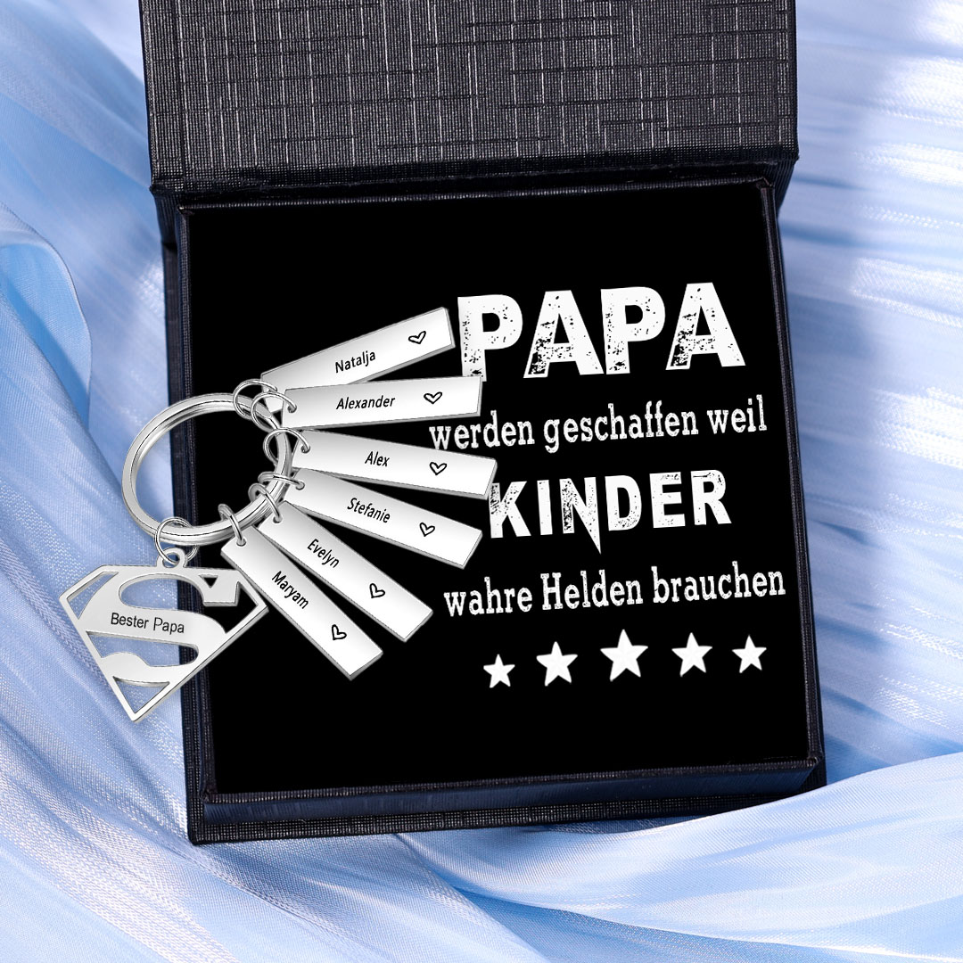 Personalisierbarer Text & 6 Namen Papa werden geschaffen weil Kinder warhe Helden brauchen Schlüsselanhänger-Geschenk mit Nachrichtenkarte