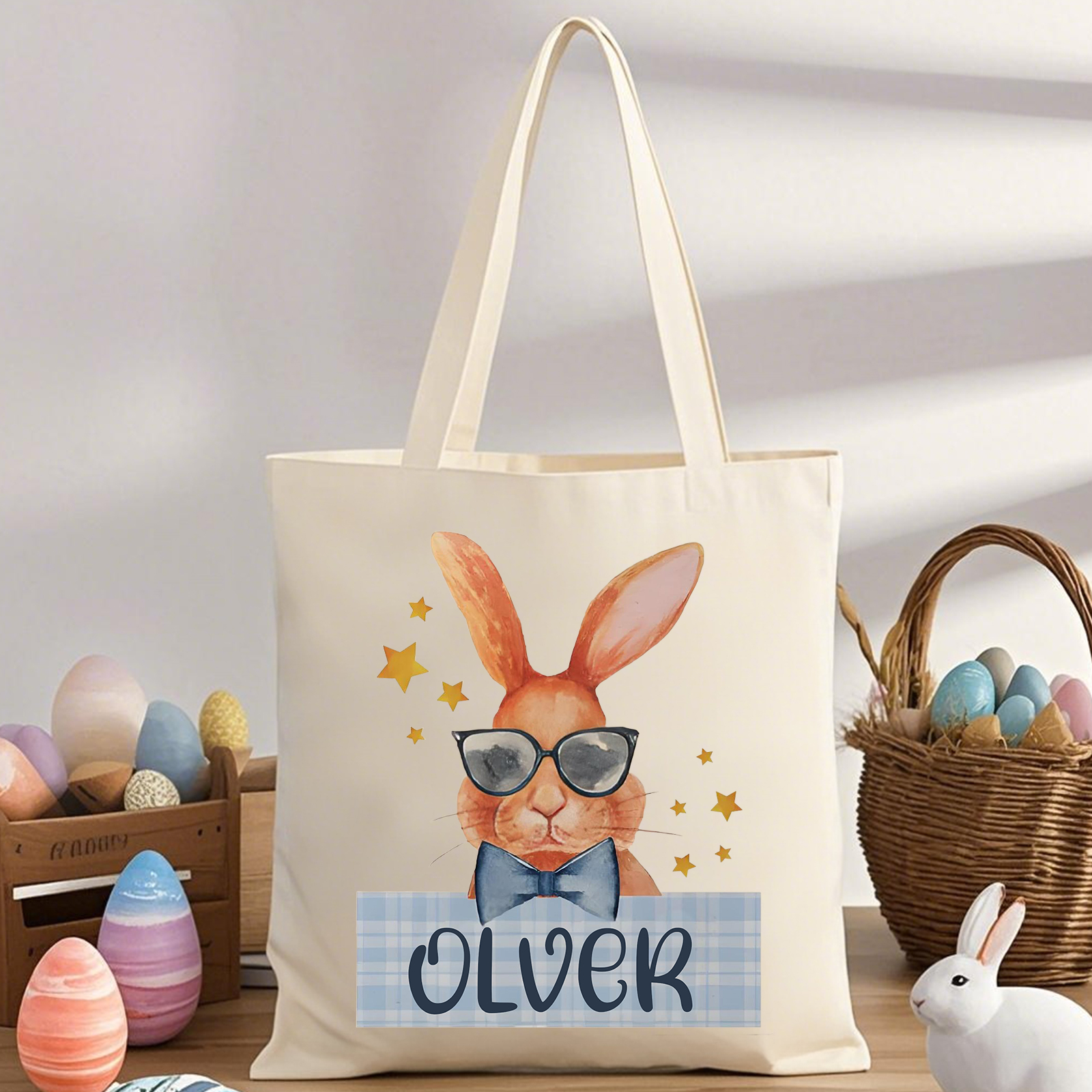 Personalisierbarer Name & Text Ostern Leinen Hase Tasche