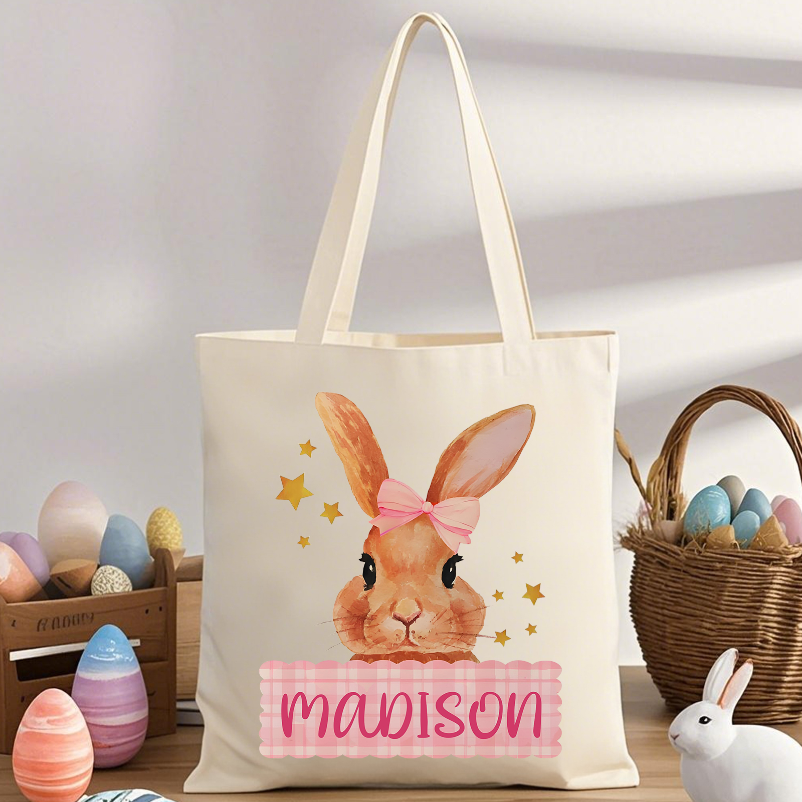 Personalisierbarer Name & Text Ostern Leinen Hase Tasche