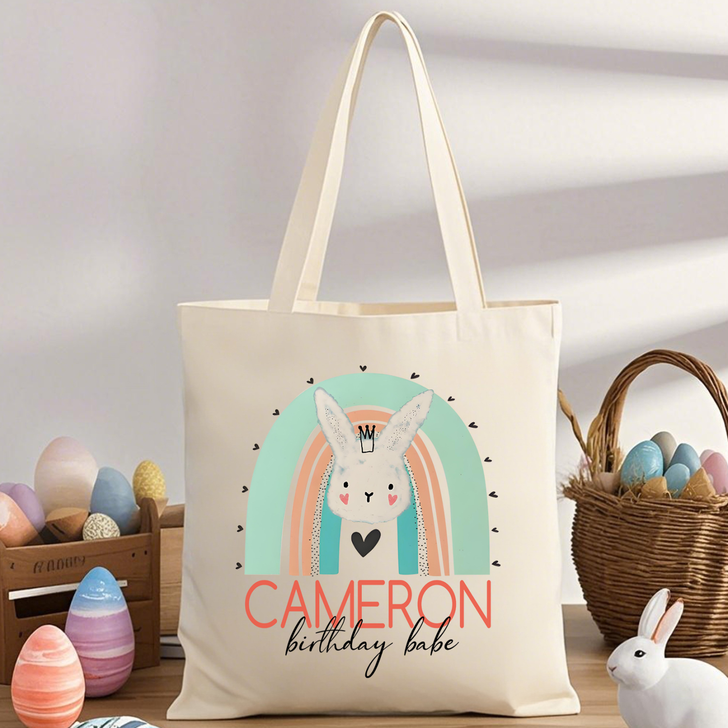 Personalisierbarer Name & Text Ostern Leinen Hase Tasche