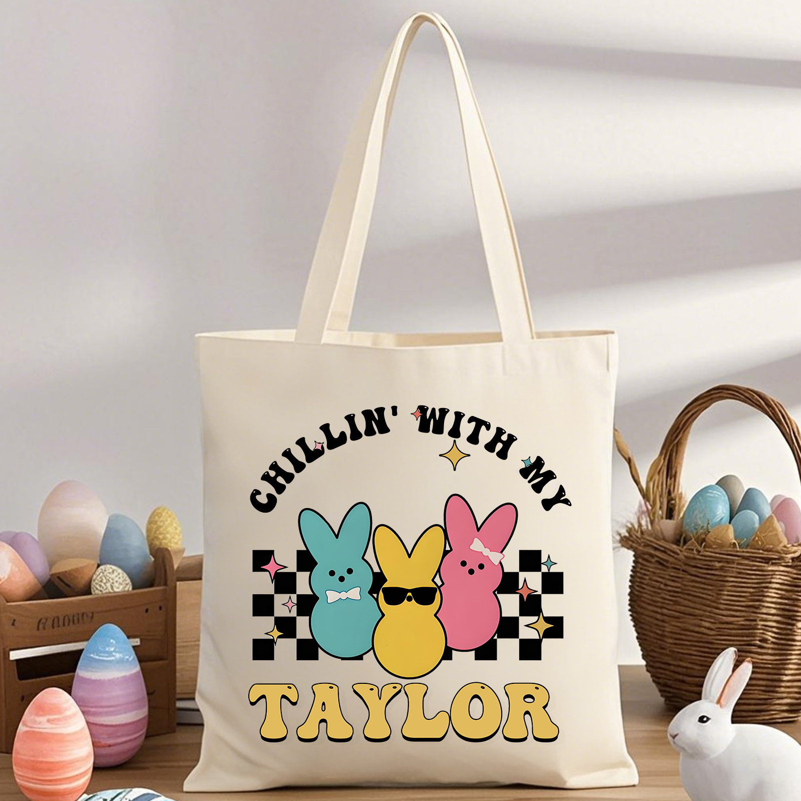 Personalisierbarer Name & Text Ostern Leinen Hase Tasche