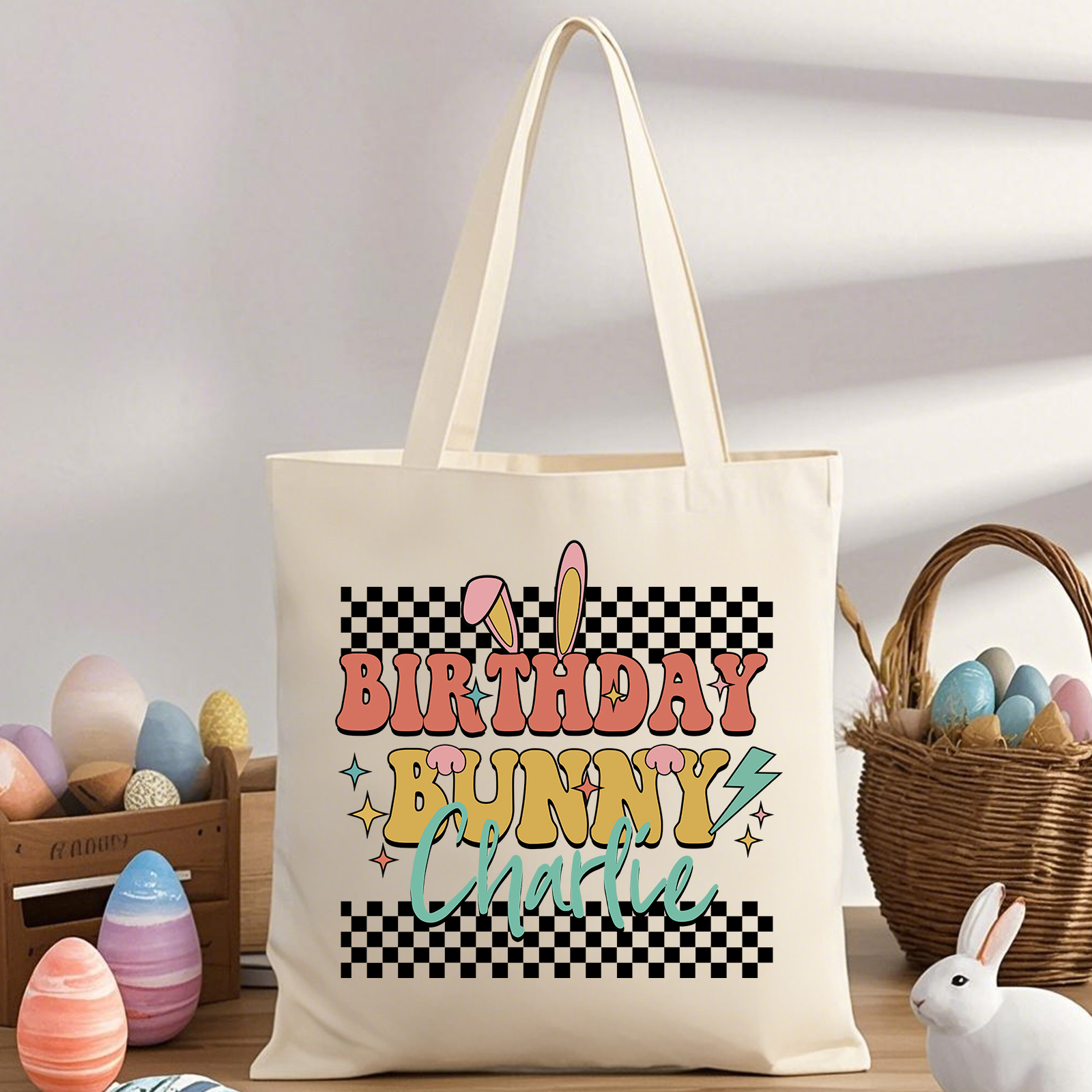 Personalisierbarer Name & Text Ostern Leinen Hase Tasche