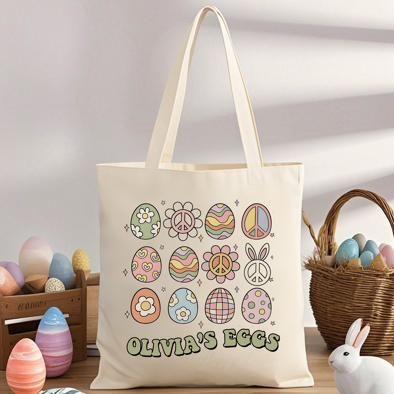 Personalisierbarer Name & Text Ostern Leinen Hase Tasche