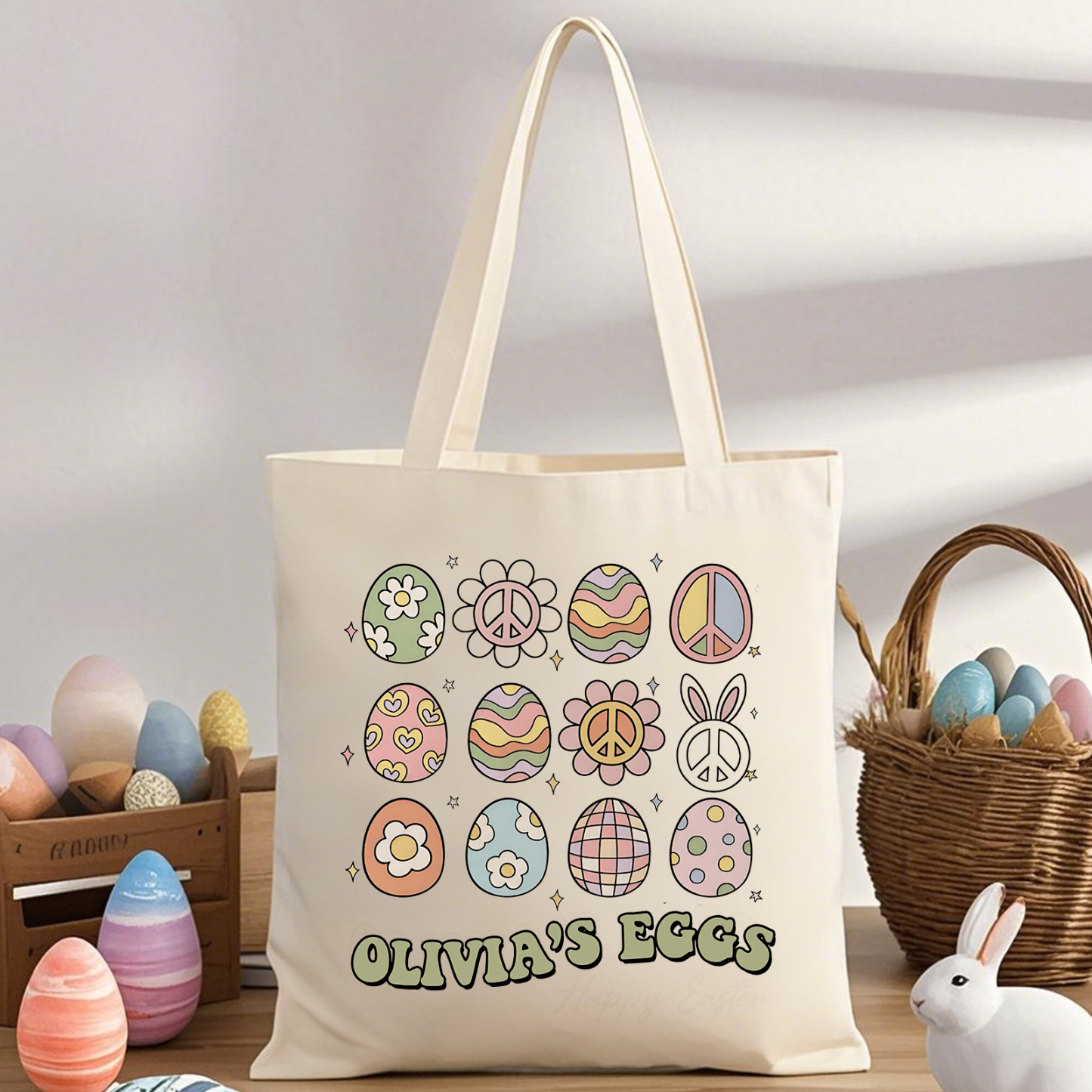 Personalisierbarer Name & Text Ostern Leinen Hase Tasche