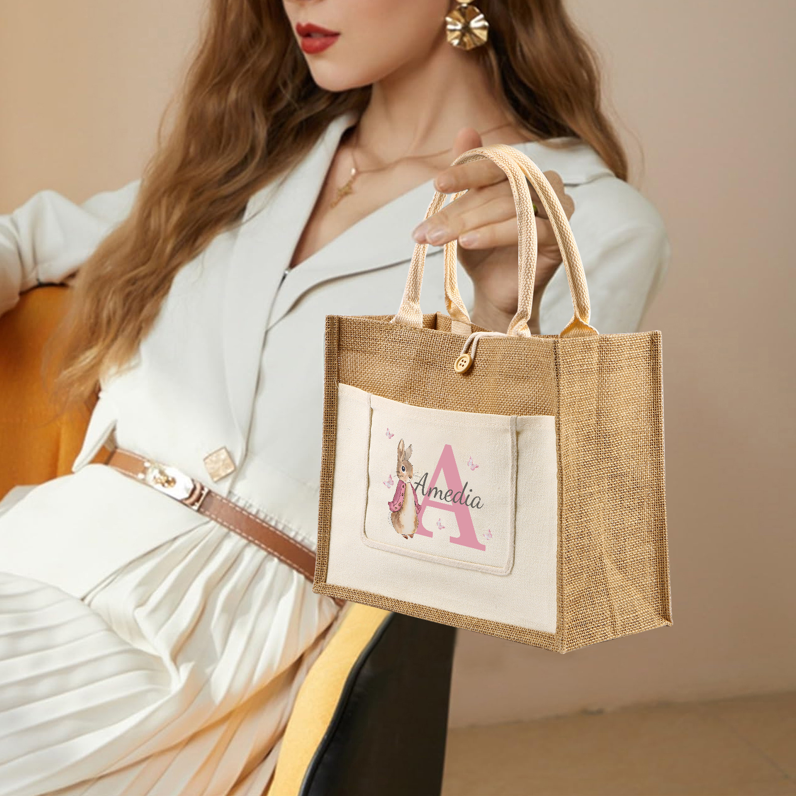 Personalisierbarer Name & Buchstabe Ostern Leinen Hase Tasche