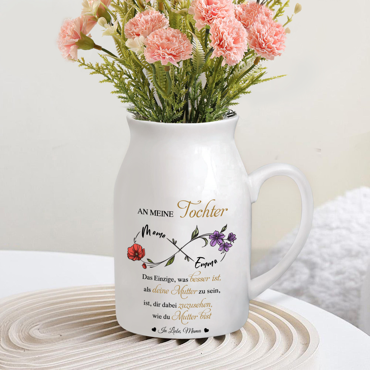Personalisierte 2 Namen & Geburtsblumen-An meine Tochter- Gießvase mit Henkel Mama Vase-Pefektes Geschenk für Tochter