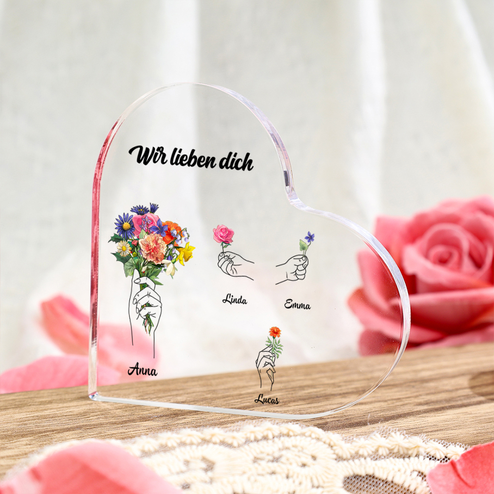 Personalisierte Name & Geburtsblume Herz Acryl-Deko-Schreibtischdekoration für Mama