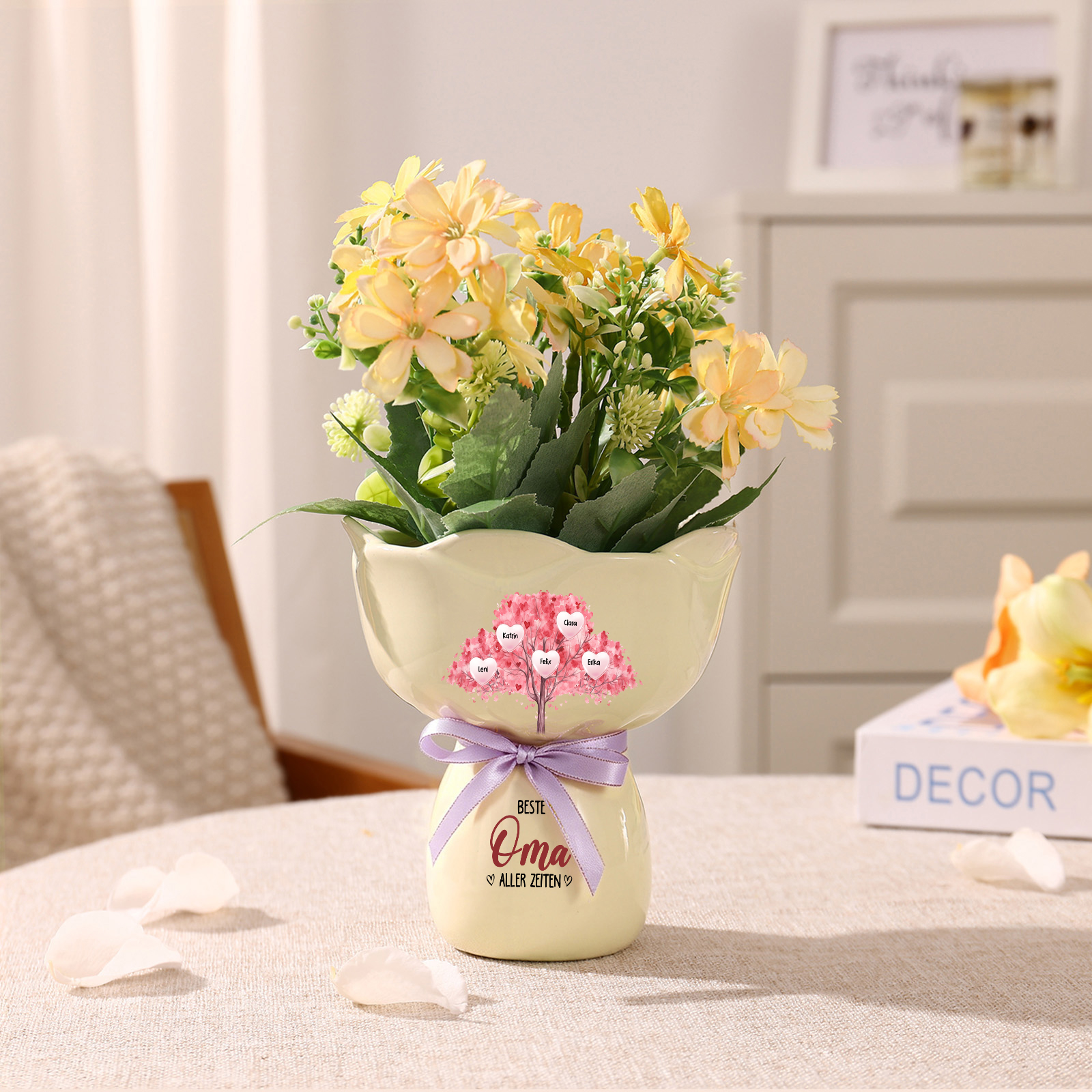 Personalisierte Keramikvase mit 1–7 Namen und Lebensbaummotiv Muttertagsgeschenk für Mama oder Oma