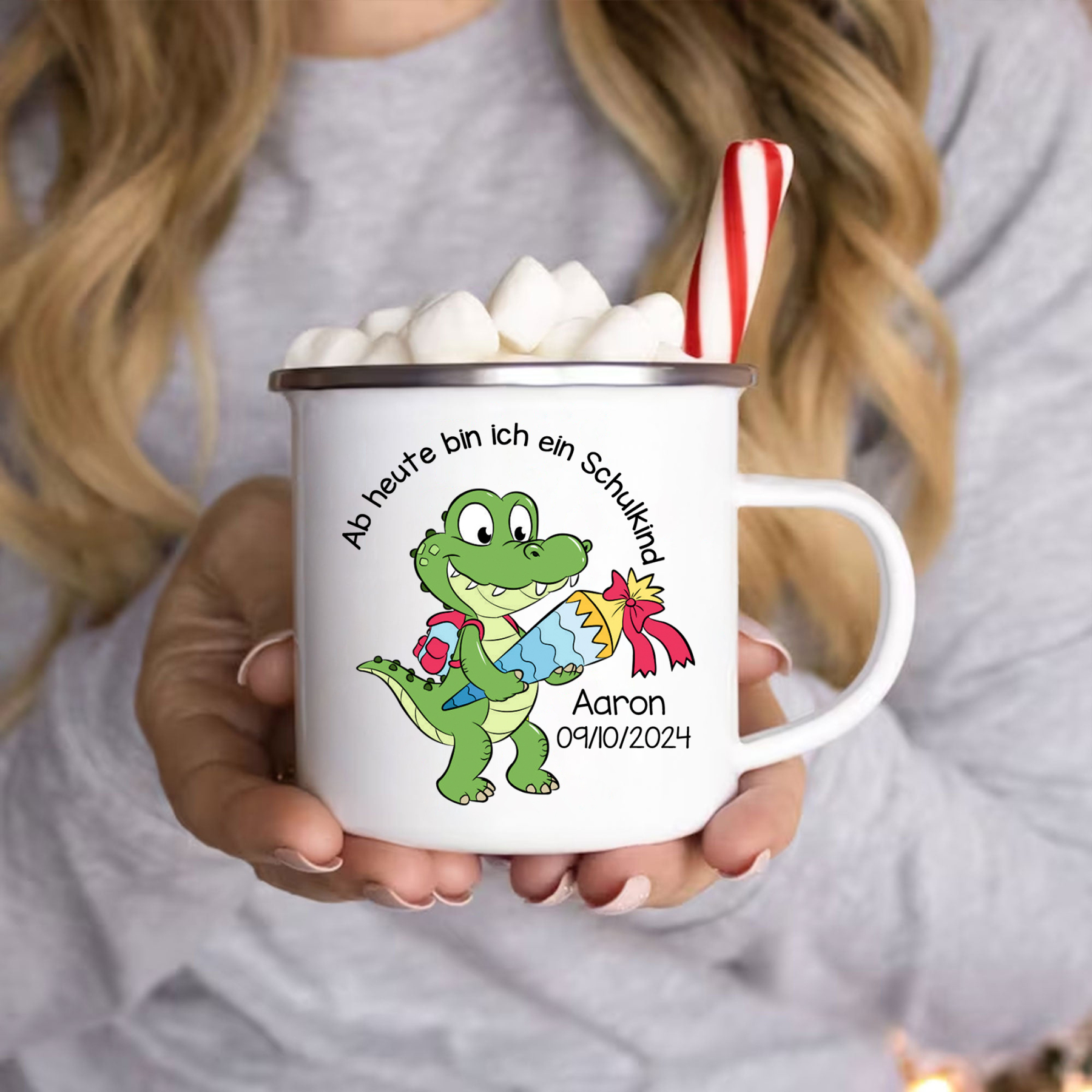 Emaille Tasse-Personalisierter Name & Datum Emaille Becher Schukind Krokodil Ab heute bin ich ein Schulkind Geschenk zum Schulanfang