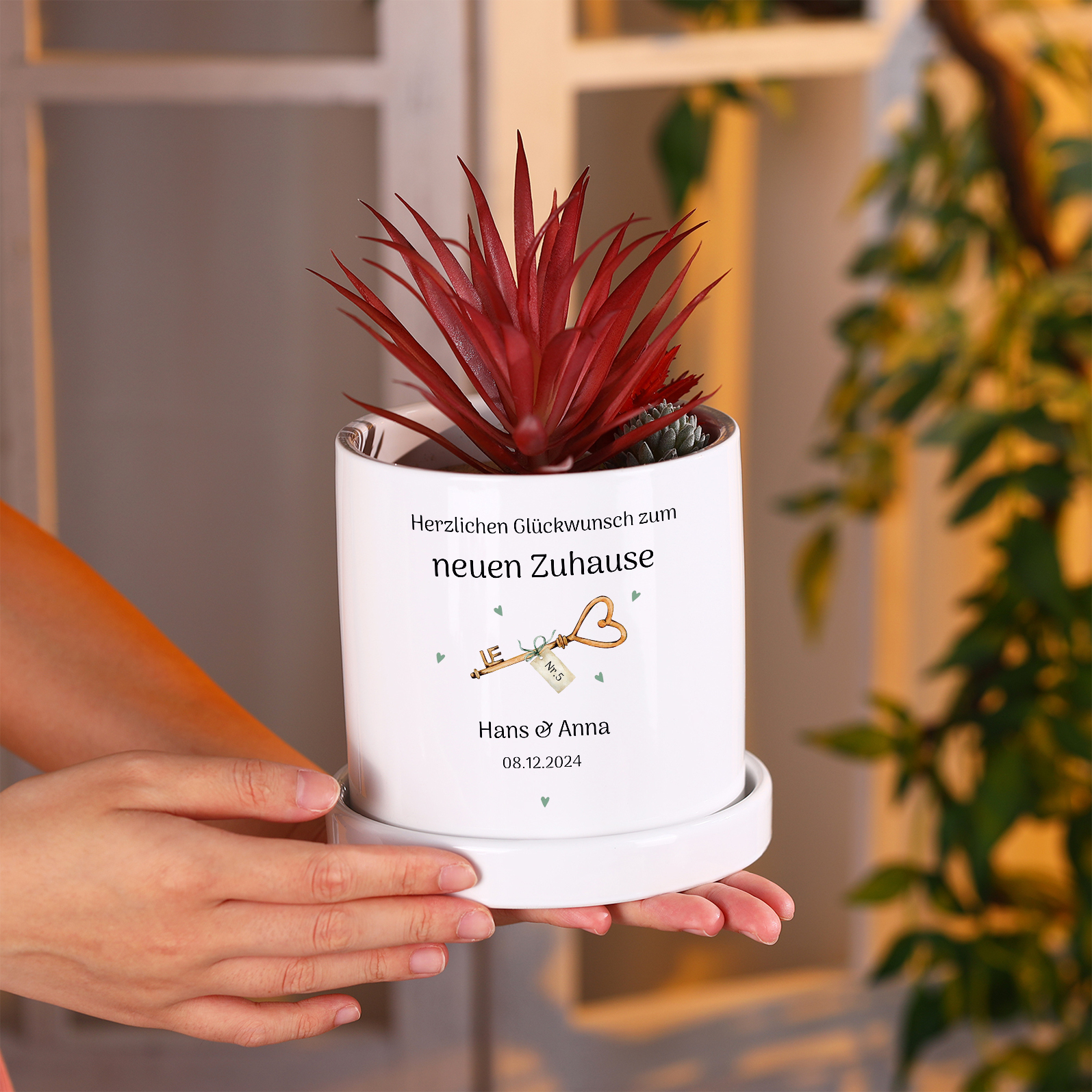 Personalisierbare 3 Texte & Nummer Liebespaar Blumentopf Einweihungsgeschenk Geschenk für ein neues Zuhause