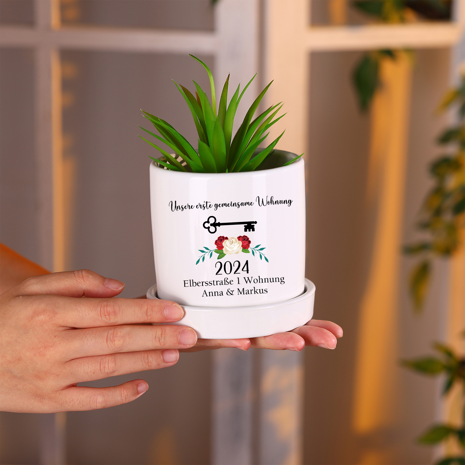Personalisierbare 2 Texte & Jahr Liebespaar Blumentopf Einweihungsgeschenk Geschenk für ein neues Zuhause