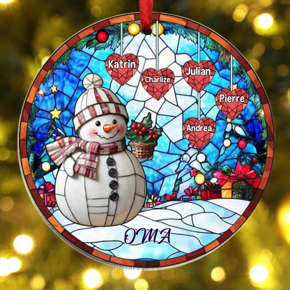 Personalisierte 1-10 Namen Weihnachtsornament Runder Acryl-Anhänger mit Schneemann & Herzen für Oma Großmutter