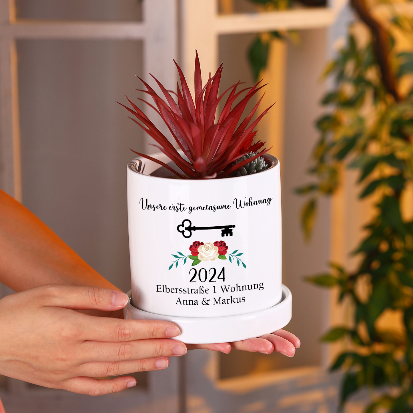 Personalisierbare 2 Texte & Jahr Liebespaar Blumentopf Einweihungsgeschenk Geschenk für ein neues Zuhause