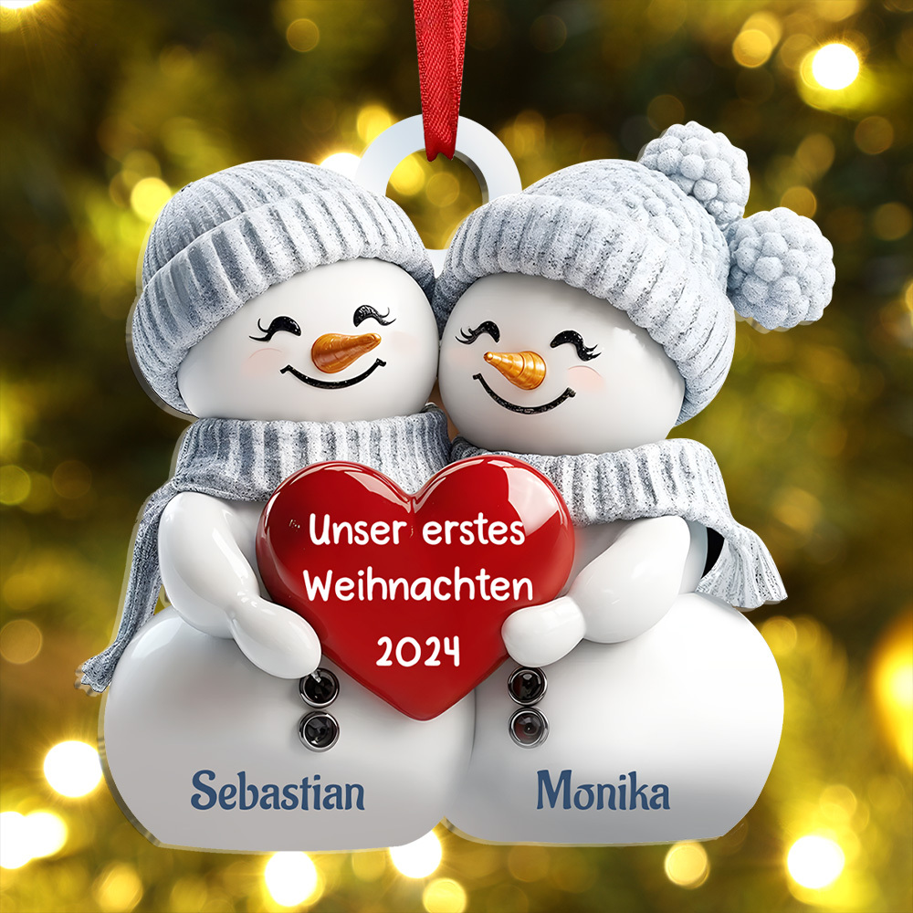 Acryl Weihnachtsornament - Personalisierte 2 Namen & Text Weihnachts-Anhänger mit Schneemann & Herzen für Paar