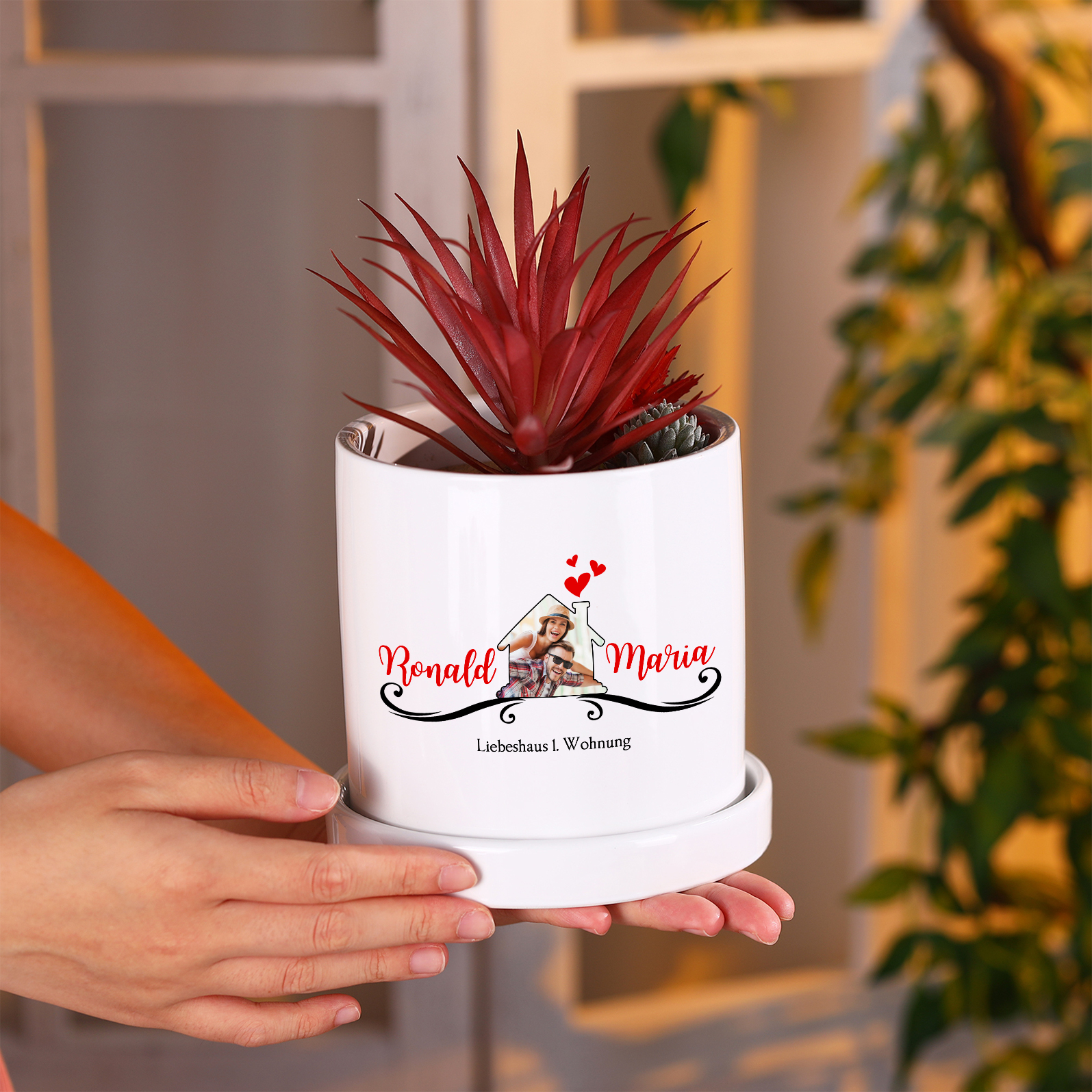 Personalisierbare 2 Namen & Foto & Text Liebespaar Blumentopf Einweihungsgeschenk Geschenk für ein neues Zuhause