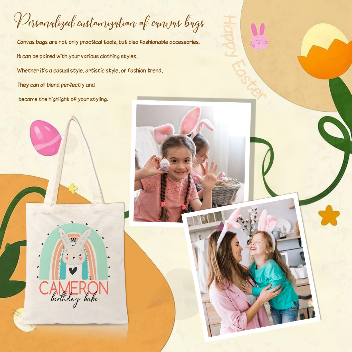 Personalisierbarer Name & Text Ostern Leinen Hase Tasche