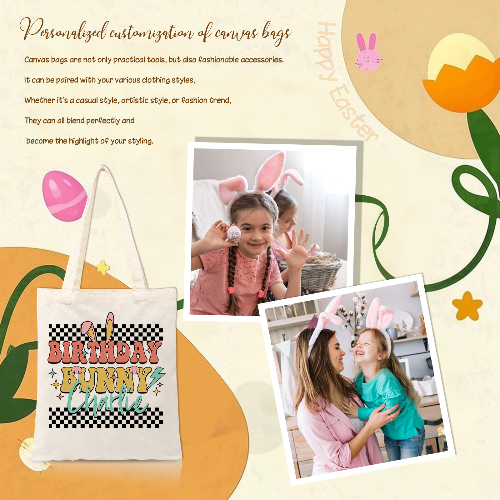 Personalisierbarer Name & Text Ostern Leinen Hase Tasche