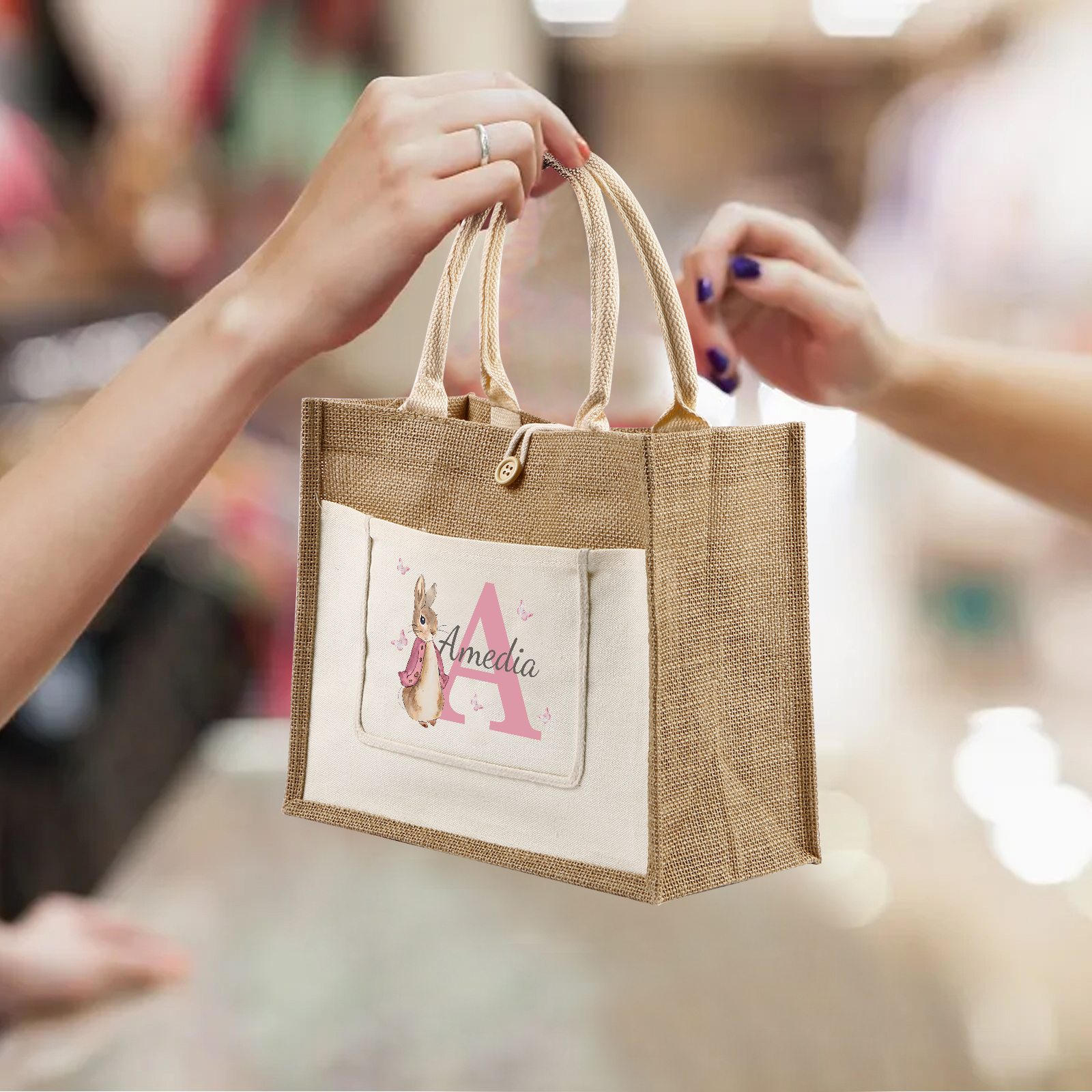 Personalisierbarer Name & Buchstabe Ostern Leinen Hase Tasche