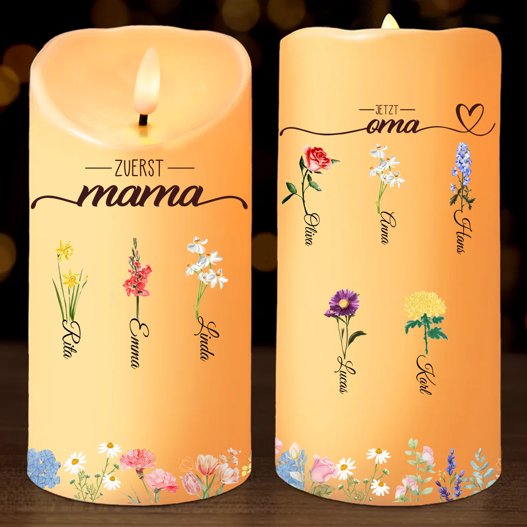 Personalisierbarer Name & Blume LED-Gedenk-Kerze – Zuerst Mama, Jetzt Oma