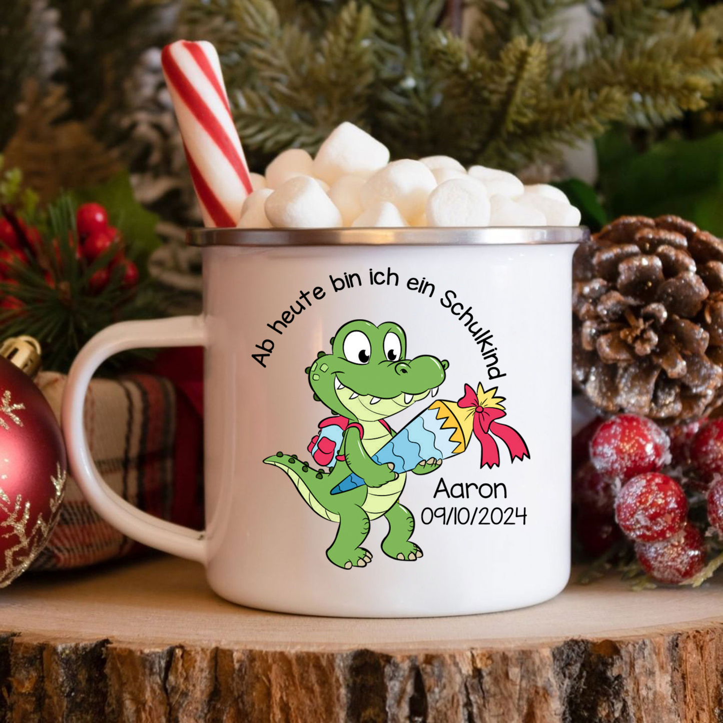 Emaille Tasse-Personalisierter Name & Datum Emaille Becher Schukind Krokodil Ab heute bin ich ein Schulkind Geschenk zum Schulanfang