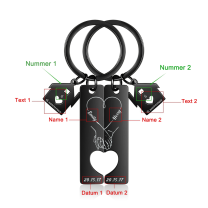 Personalisierbare 2 Texte & Datum & Namen Ausschnitt in Herzform Paar Metall-Schlüsselanhänger mit Haus Anhänger
