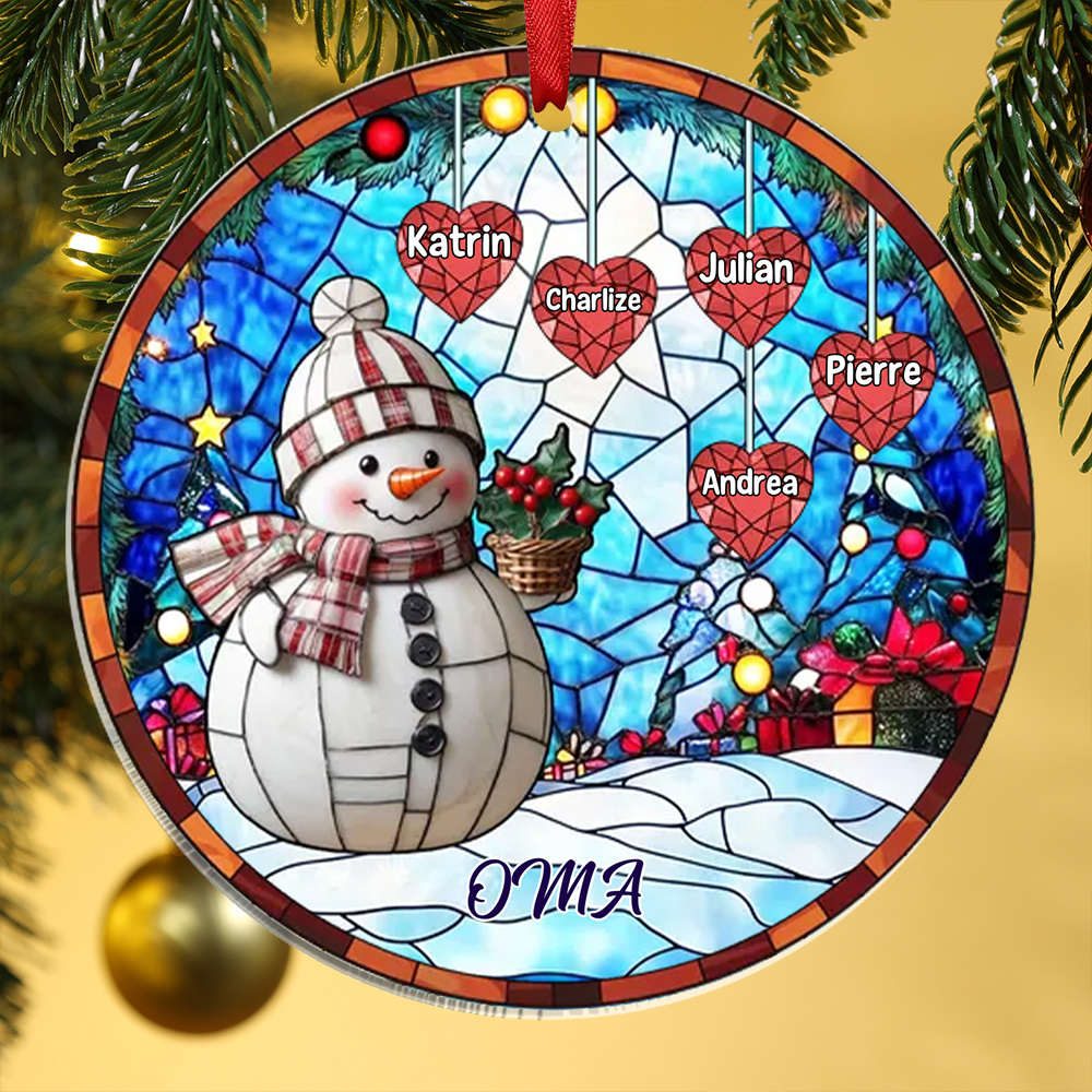 Personalisierte 1-10 Namen Weihnachtsornament Runder Acryl-Anhänger mit Schneemann & Herzen für Oma Großmutter