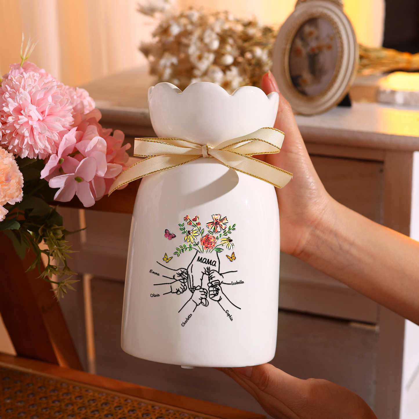 Personalisierte 5 Namen & Text Blumen & Schmetterling Familie Vase Geschenk für Mama/ Oma