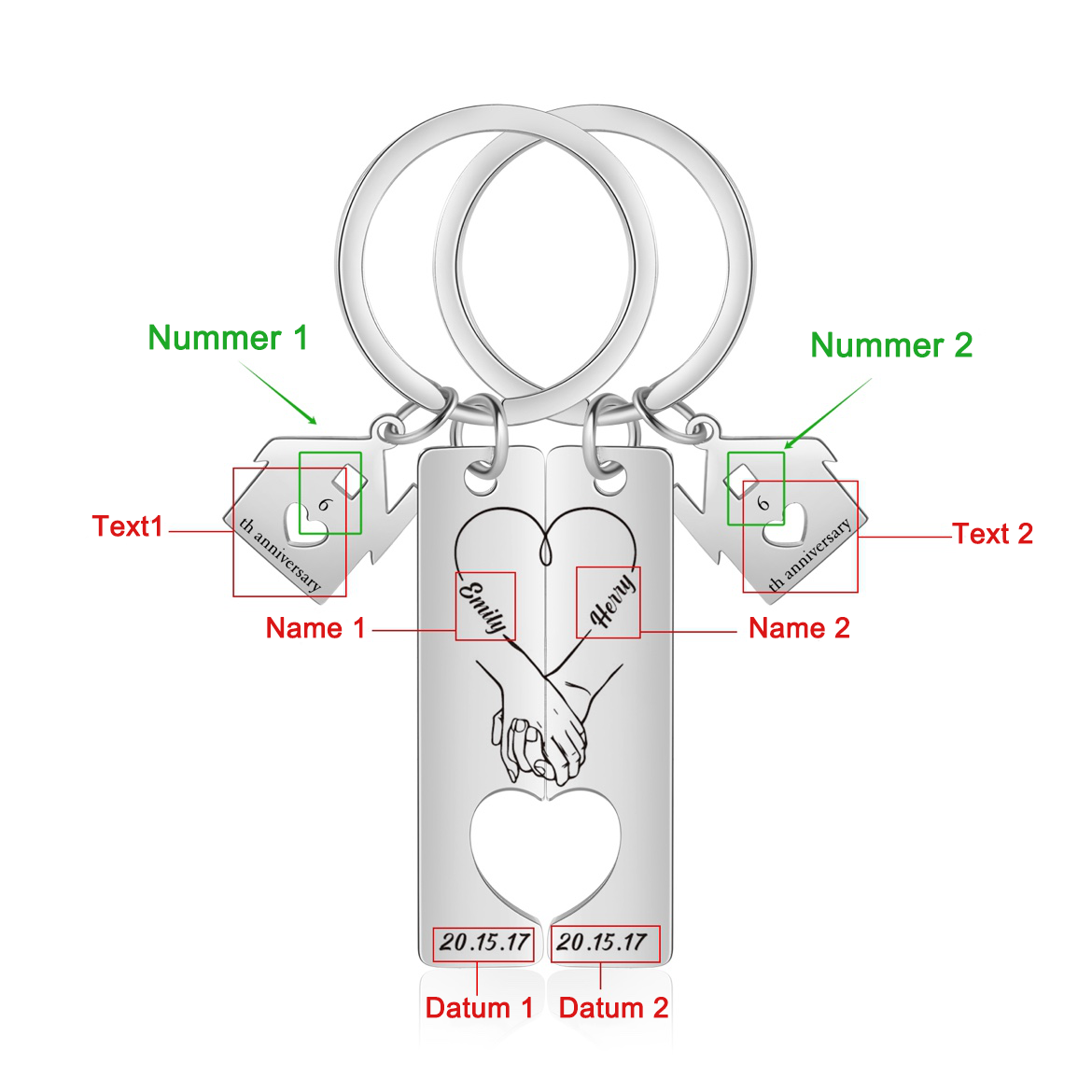 Personalisierbare 2 Texte & Datum & Namen Ausschnitt in Herzform Paar Metall-Schlüsselanhänger mit Haus Anhänger