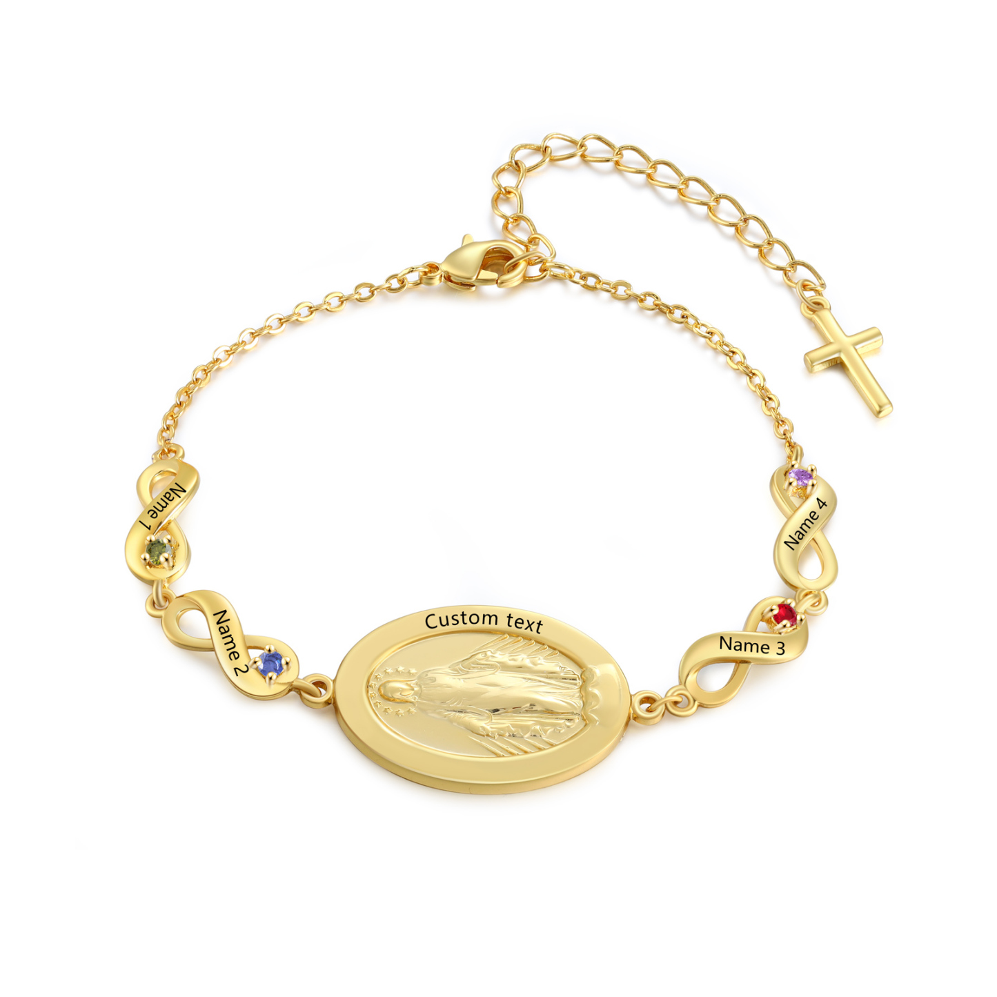 Personalisierbares Infinity-Armband aus Gold mit Marienmedaille & Geburtsstein