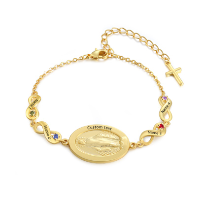 Personalisierbares Infinity-Armband aus Gold mit Marienmedaille & Geburtsstein