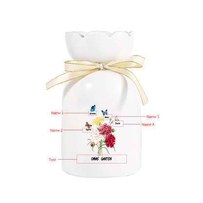 Personalisierte 4 Namen & Text Blumen & Schmetterling Familie Vase Geschenk für Oma Großmutter