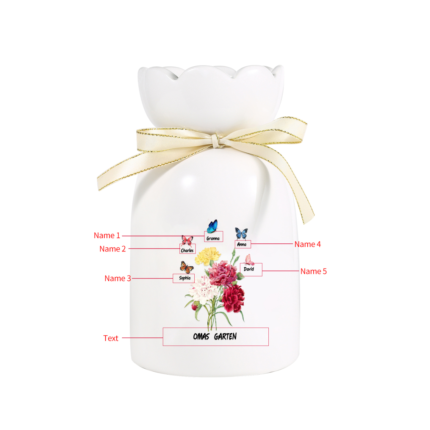 Personalisierte 5 Namen & Text Blumen & Schmetterling Familie Vase Geschenk für Oma Großmutter