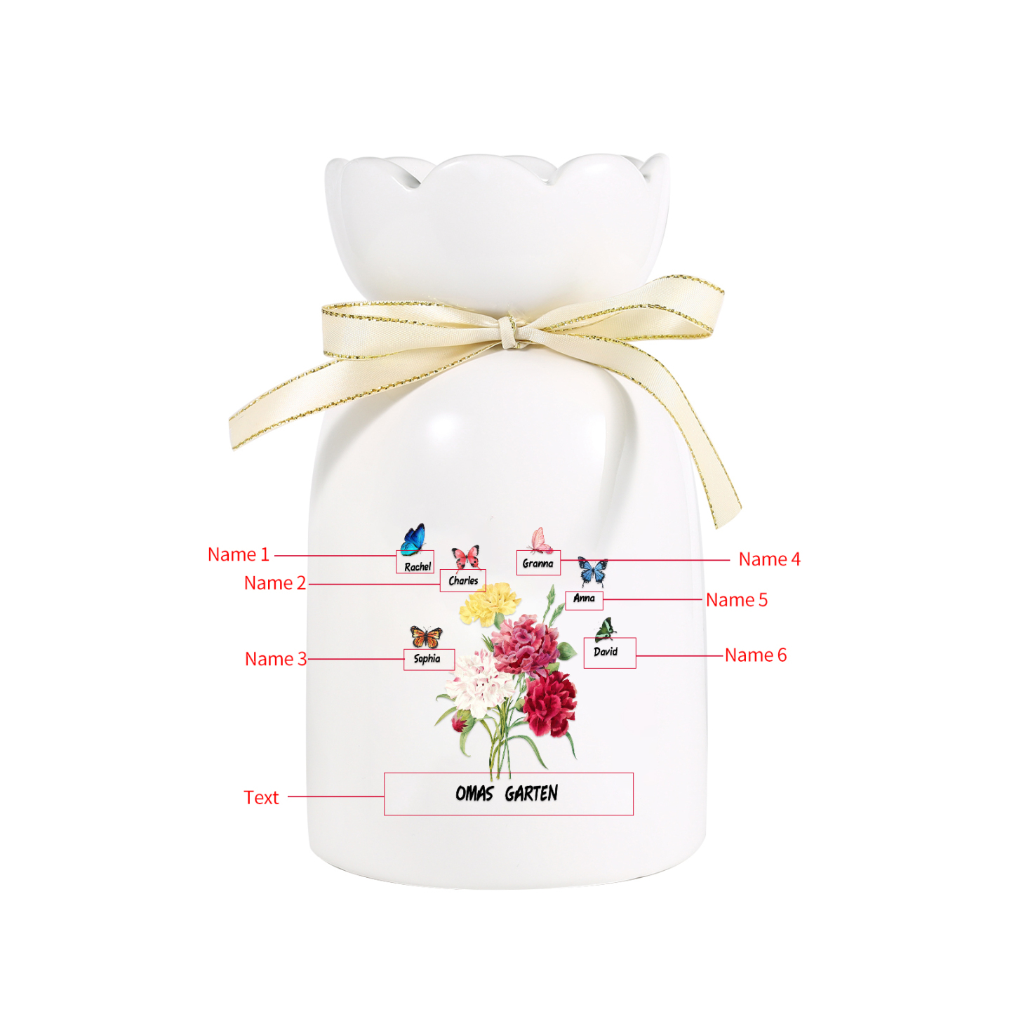 Personalisierte 6 Namen & Text Blumen & Schmetterling Familie Vase Geschenk für Oma Großmutter