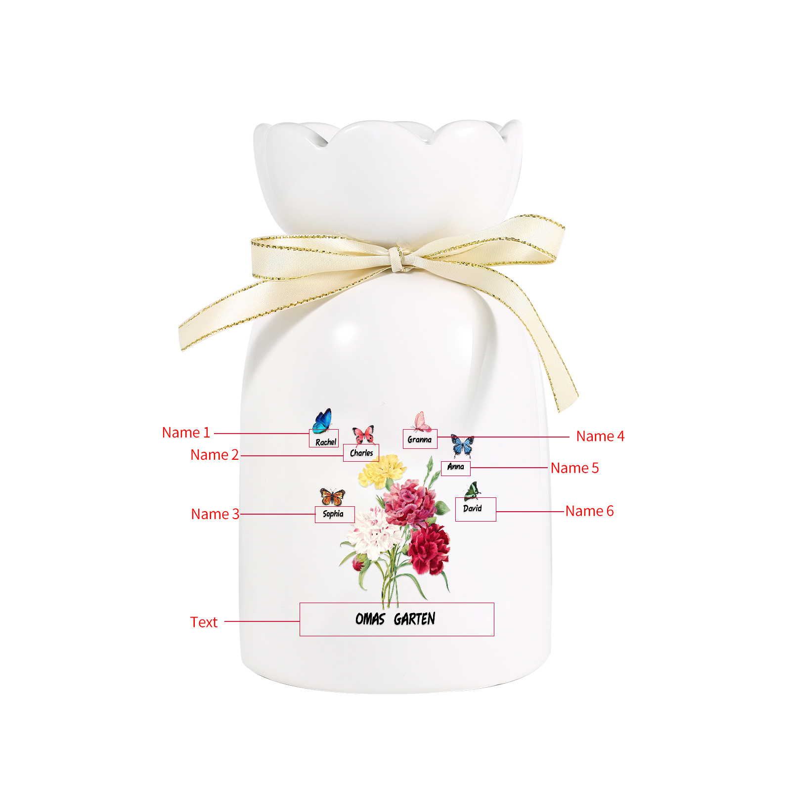 Personalisierte 6 Namen & Text Blumen & Schmetterling Familie Vase Geschenk für Oma Großmutter