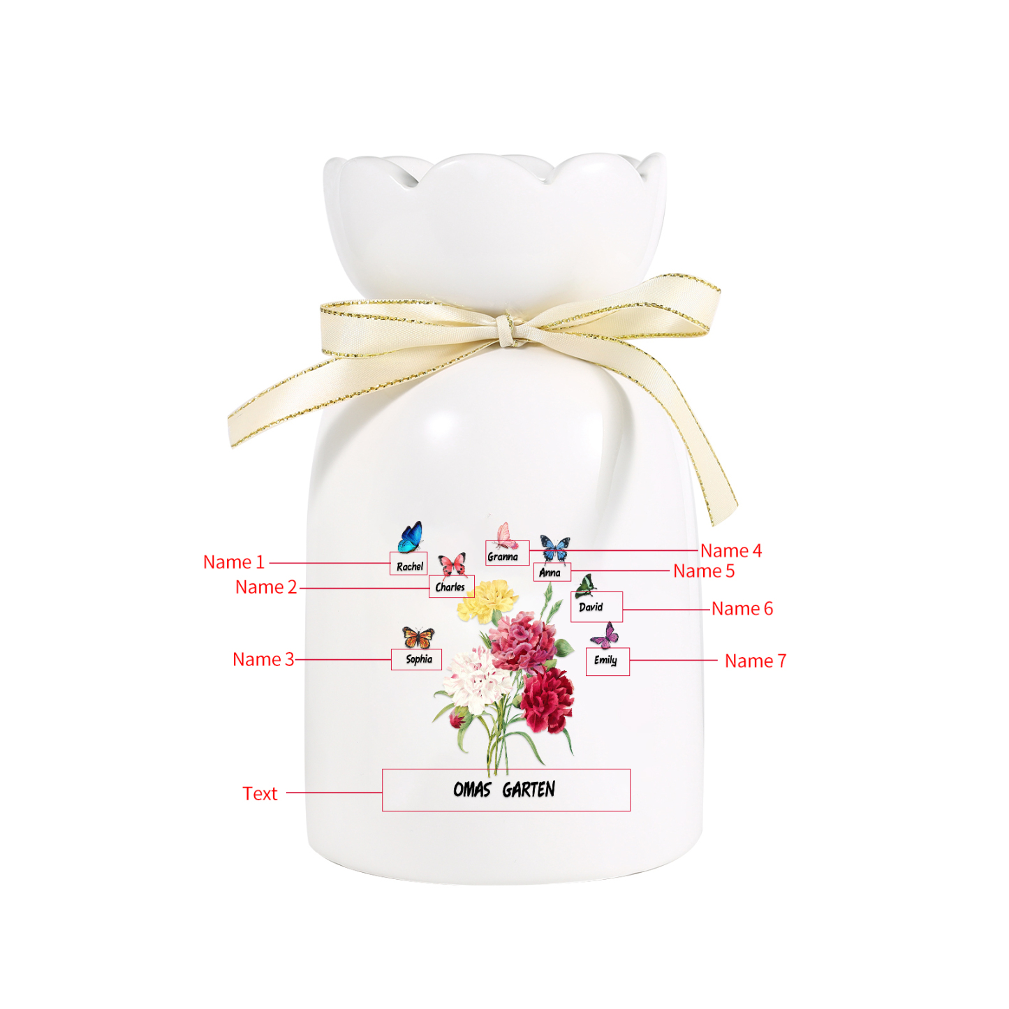 Personalisierte 7 Namen & Text Blumen & Schmetterling Familie Vase Geschenk für Oma Großmutter