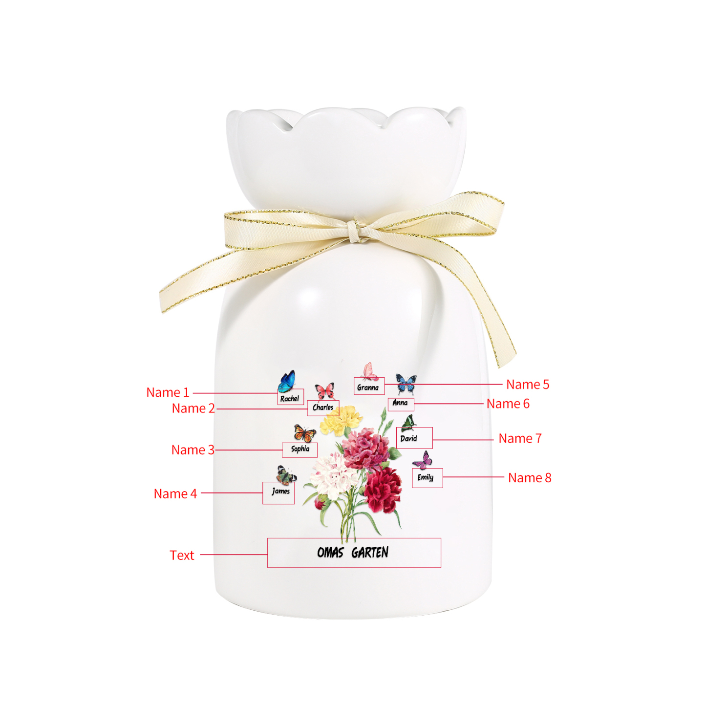 Personalisierte 8 Namen & Text Blumen & Schmetterling Familie Vase Geschenk für Oma Großmutter