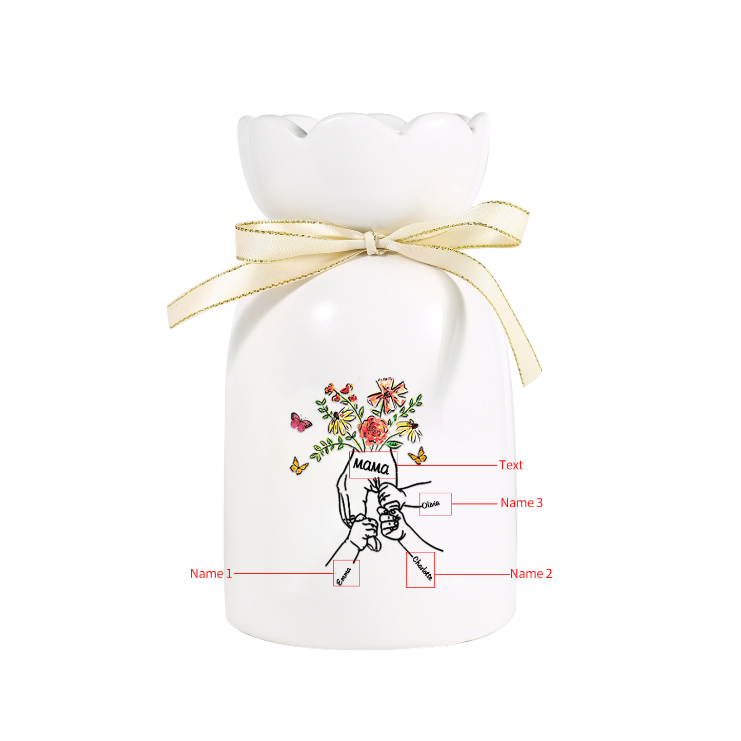 Personalisierte 3 Namen & Text Blumen & Schmetterling Familie Vase Geschenk für Mama/ Oma