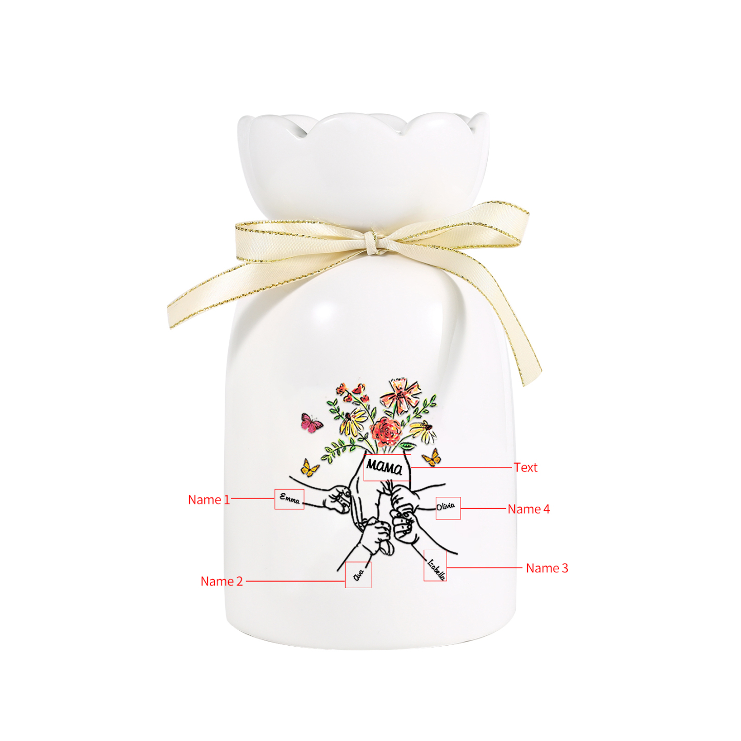 Personalisierte 4 Namen & Text Blumen & Schmetterling Familie Vase Geschenk für Mama/ Oma 