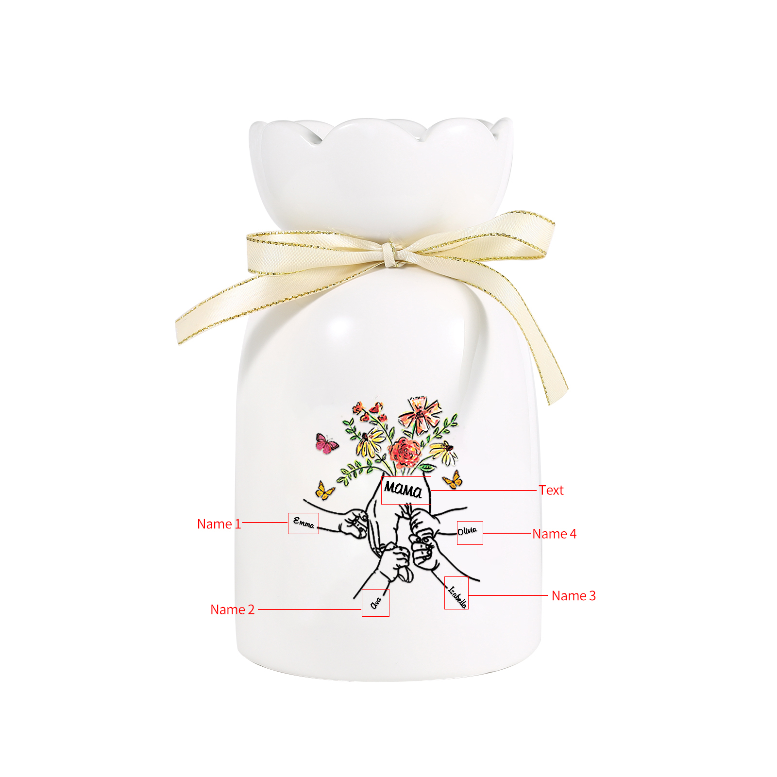 Personalisierte 4 Namen & Text Blumen & Schmetterling Familie Vase Geschenk für Mama/ Oma 