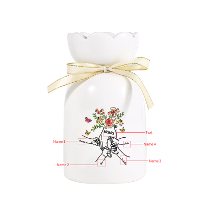 Personalisierte 4 Namen & Text Blumen & Schmetterling Familie Vase Geschenk für Mama/ Oma 