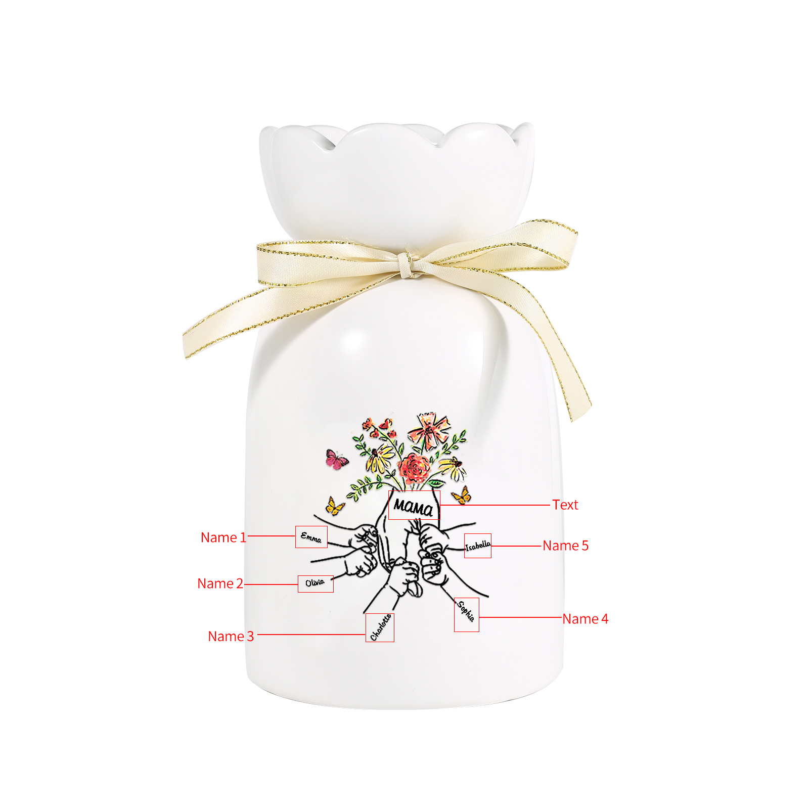 Personalisierte 5 Namen & Text Blumen & Schmetterling Familie Vase Geschenk für Mama/ Oma 