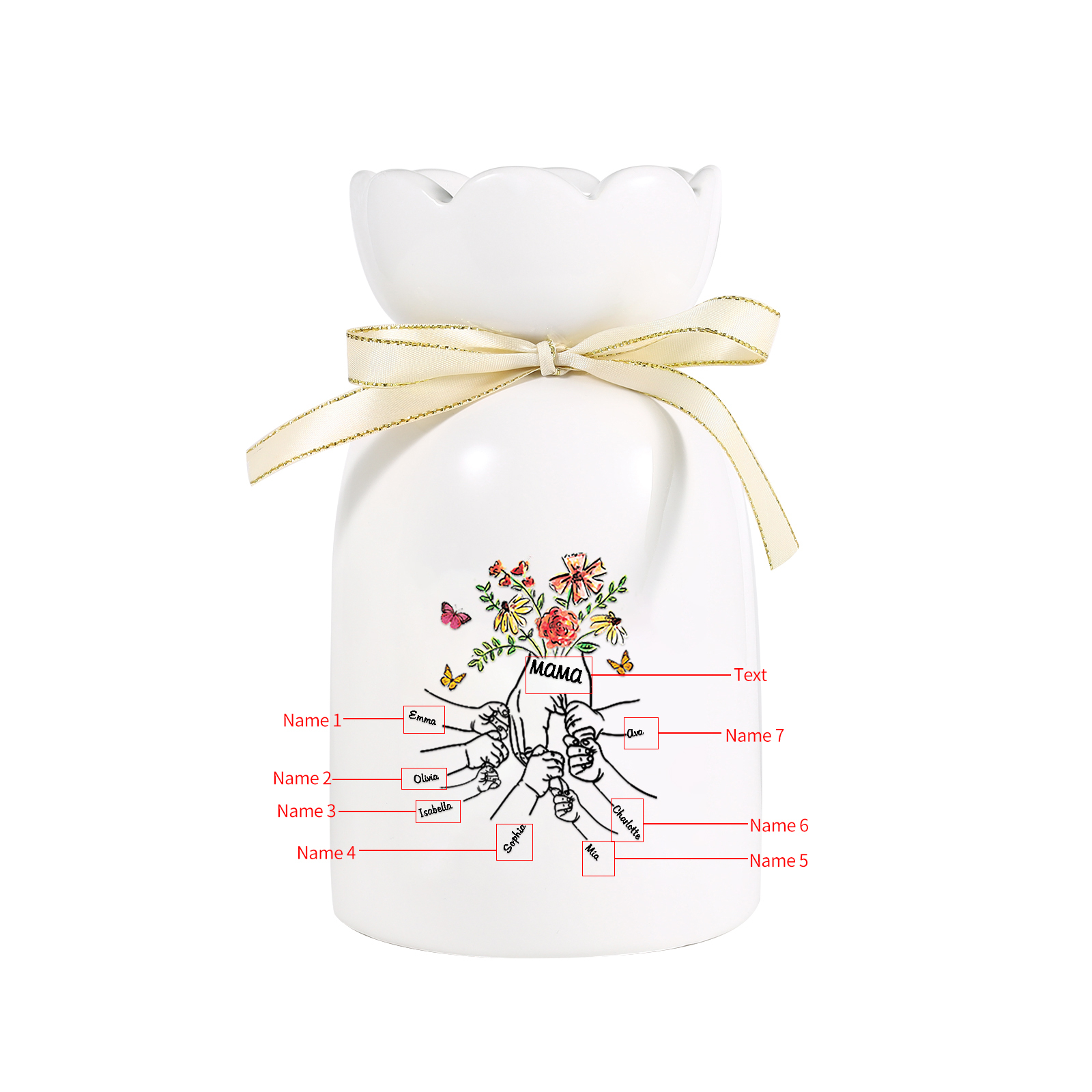 Personalisierte 7 Namen & Text Blumen & Schmetterling Familie Vase Geschenk für Mama/ Oma 
