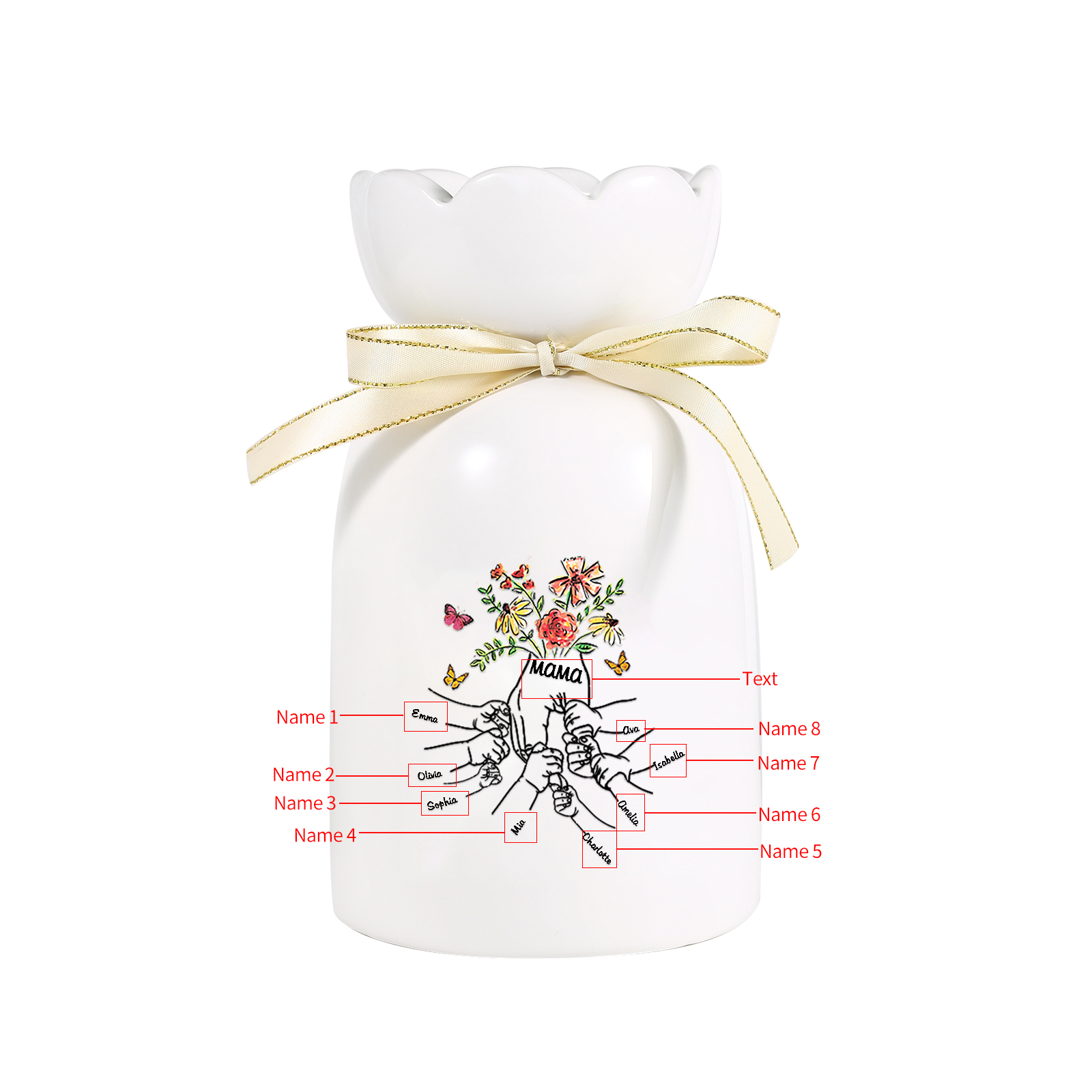 Personalisierte 8 Namen & Text Blumen & Schmetterling Familie Vase Geschenk für Mama/ Oma 
