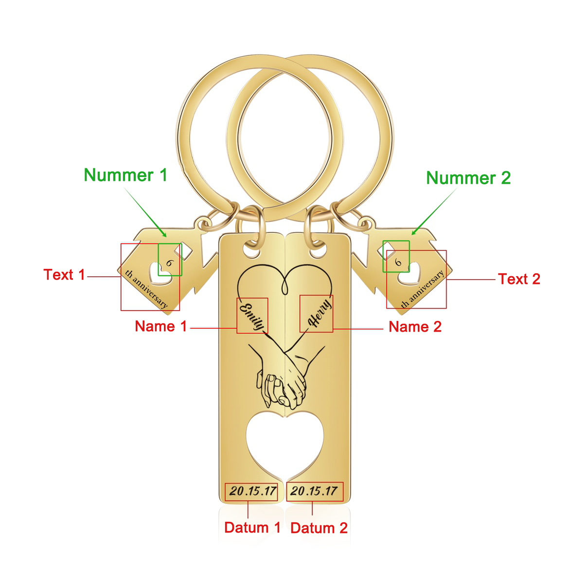Personalisierbare 2 Texte & Datum & Namen Ausschnitt in Herzform Paar Metall-Schlüsselanhänger mit Haus Anhänger