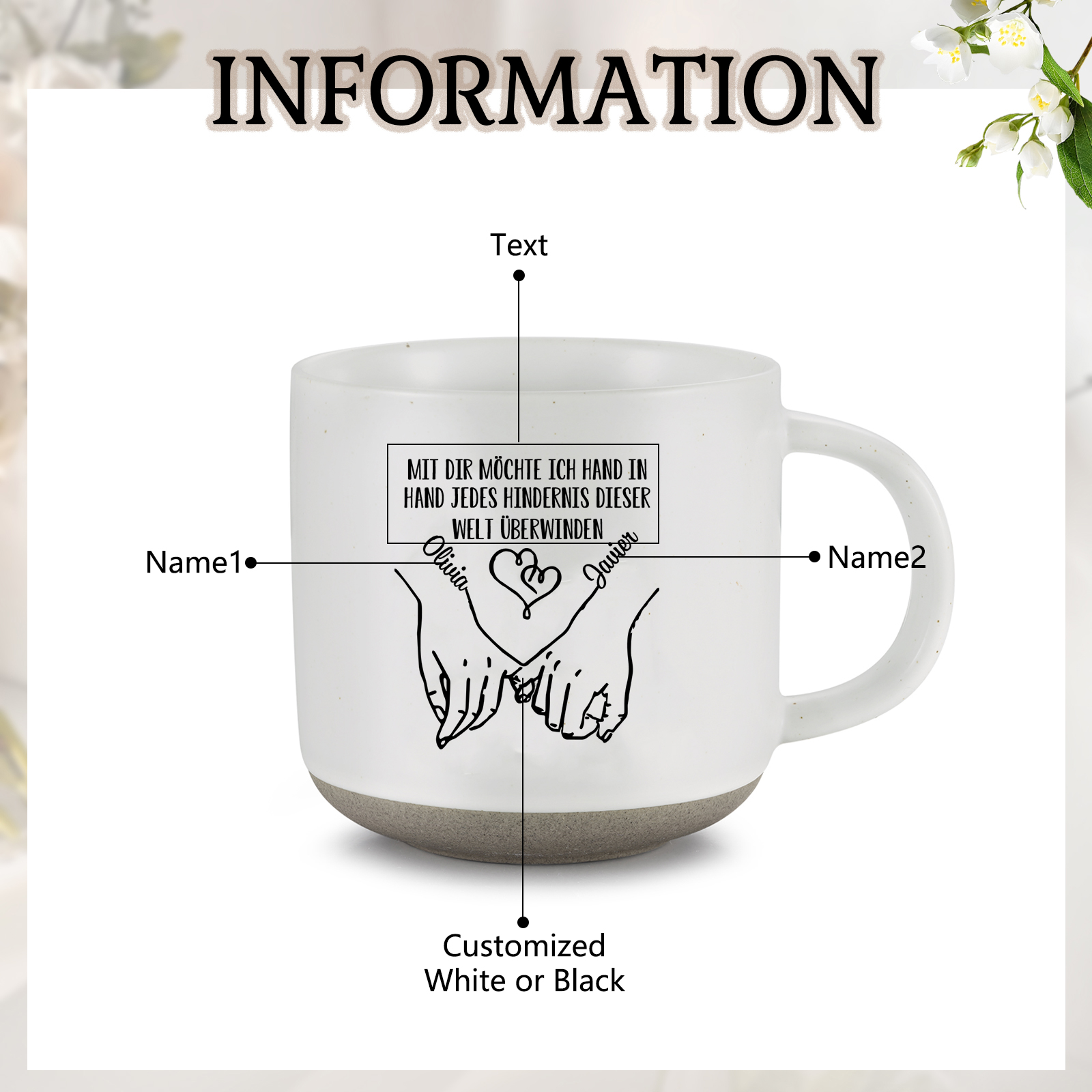 Personalisierte 2 Name & Text Hand-in-Hand Keramik Mark-Tasse mit schwarzer/ weißer Schrift– Einzigartiges Geschenk für Paar