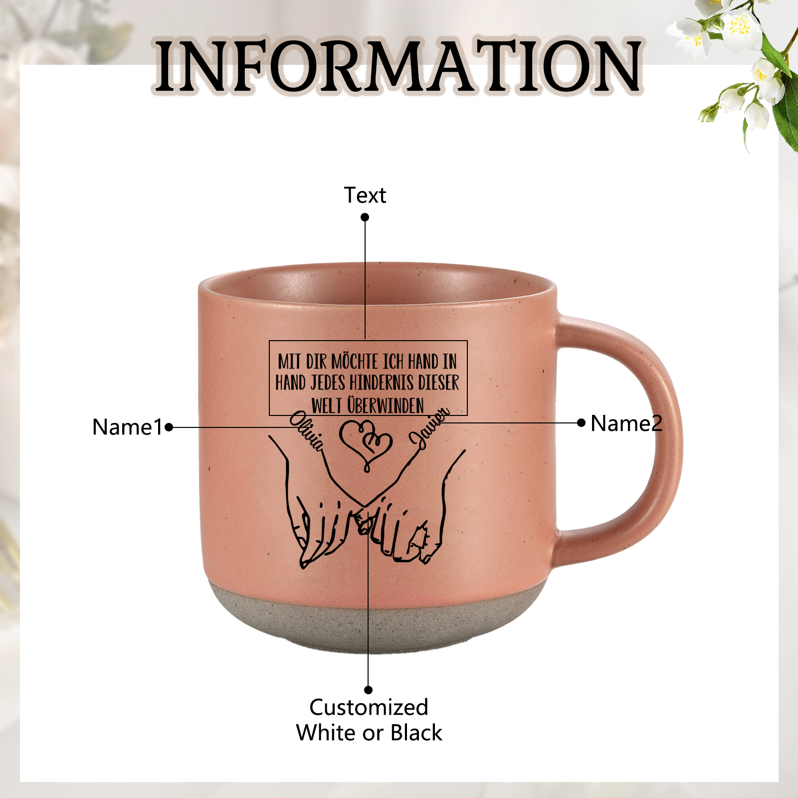 Personalisierte 2 Name & Text Hand-in-Hand Keramik Mark-Tasse mit schwarzer/ weißer Schrift– Einzigartiges Geschenk für Paar
